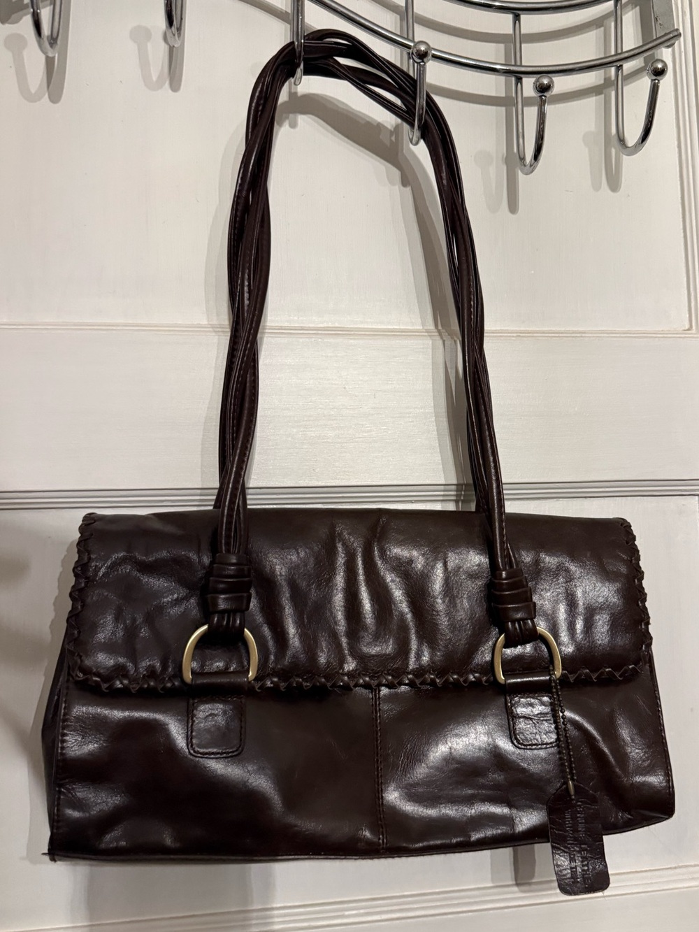 Vintage Worthington Y2K Brown Genuine Leather Whipstitch Shoulder Bag